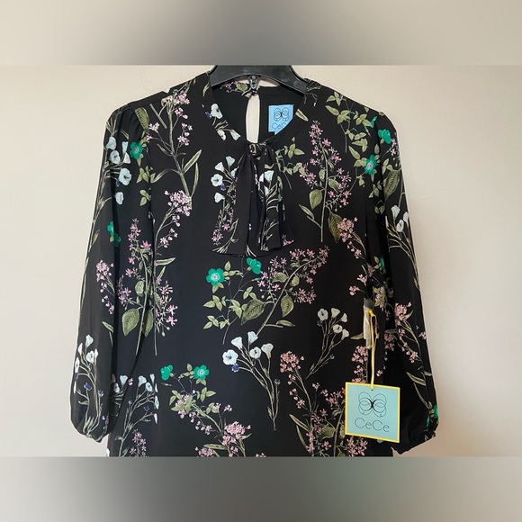 NEW CECE Women's Black Multi Floral-print Bow-neck Flounce A-Line Dress XS $98 - Picture 3 of 6